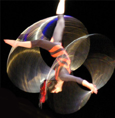 Hula Hoops as part of an aerial performance in Gravity and Other Myths. 