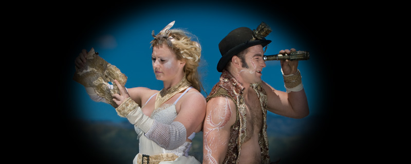 Tom and Rowan check their bearings for the outdoor circus show The Navigators